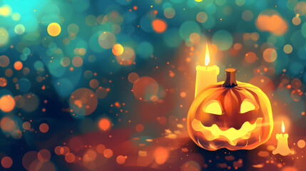 A glowing Halloween pumpkin surrounded by candles with autumn decorations