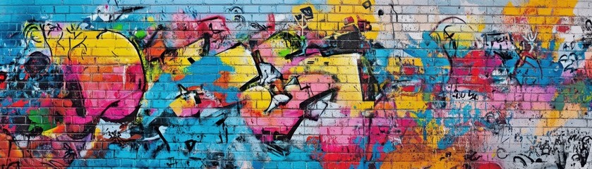 Vibrant Urban Graffiti Art on Brick Wall with Colorful Abstract Designs and Street Art Elements
