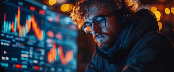 Obraz premium Man working at a computer in a dark room.