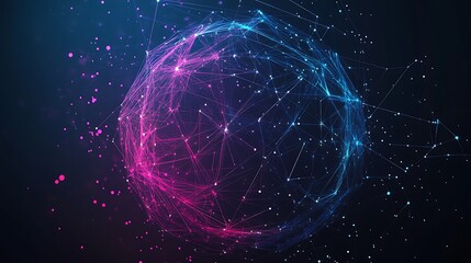 Abstract digital sphere with pink and blue light, connected lines and dots on black background.