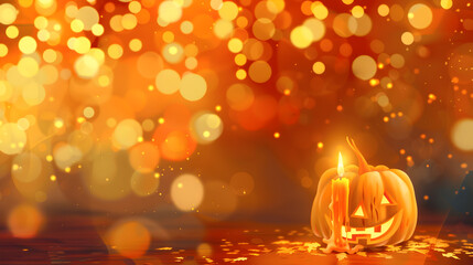 A glowing Halloween pumpkin surrounded by candles with autumn decorations