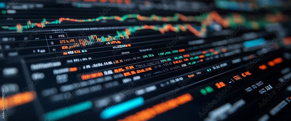 Poster a close-up shot of a computer screen displaying financial data with fluctuating stock market charts.