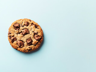 Chocolate chip cookie on a light blue background, delicious and tempting treat.