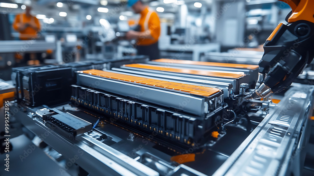 Poster close-up of a robotic arm assembling a battery pack in a factory.