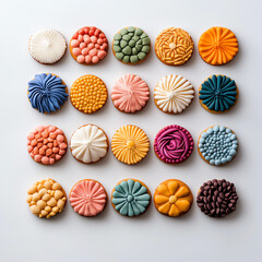 Colorful decorated cookies arranged neatly on a white background.