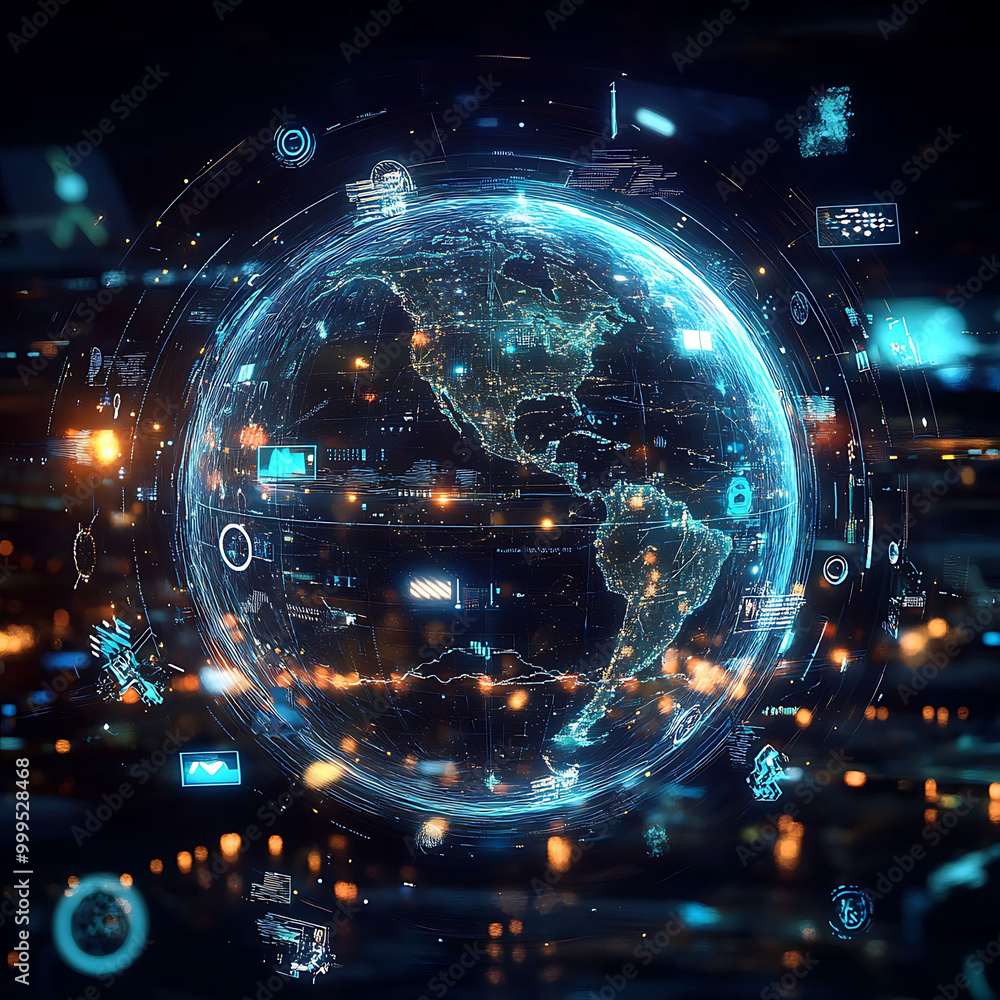 Poster a glowing digital earth with data points and icons orbiting around it.