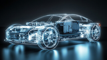 Naklejka premium A wireframe rendering of an electric car with a blue glowing effect, highlighting the car's internal components, on a dark background.