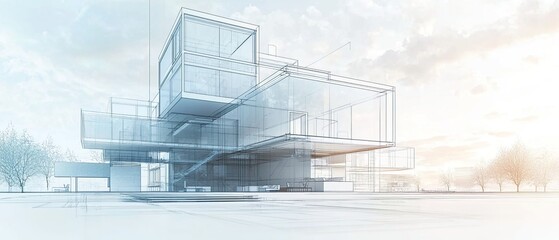 Architectural sketch of a modern house with glass windows.