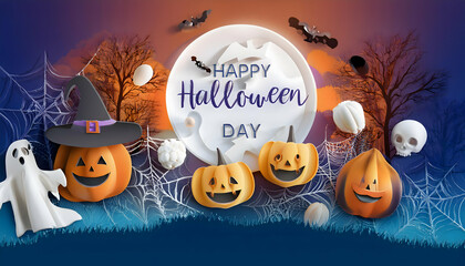 Spooky Halloween night with pumpkins, bats, and a full moon, in a dark, autumn setting