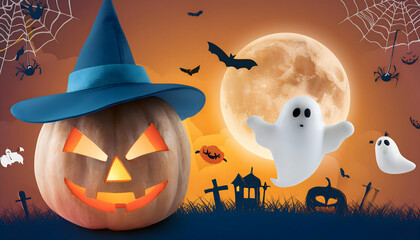 Spooky Halloween night with pumpkins, bats, and a full moon, in a dark, autumn setting