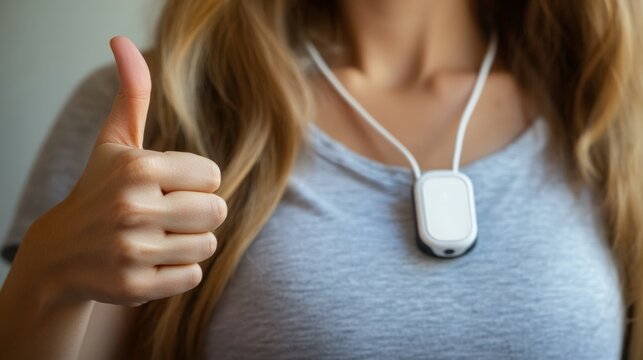 Woman wearing holter monitor device for daily monitoring of an electrocardiogram. Health care and disease prevention.Woman showing thumb up - the result is good