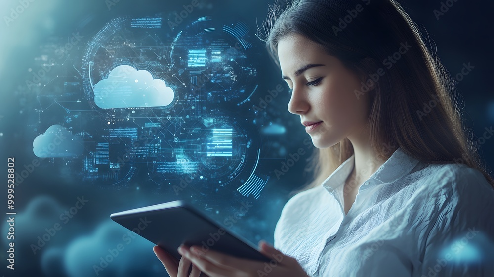 Poster cloud computing with business woman using a tablet computer.