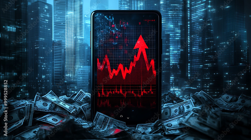 Poster a smartphone displaying a stock market graph with a red arrow pointing upwards, sitting on a pile of