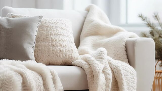 White knitted blanket and pillows are lying on a sofa near the window creating cozy winter christmas atmosphere at home