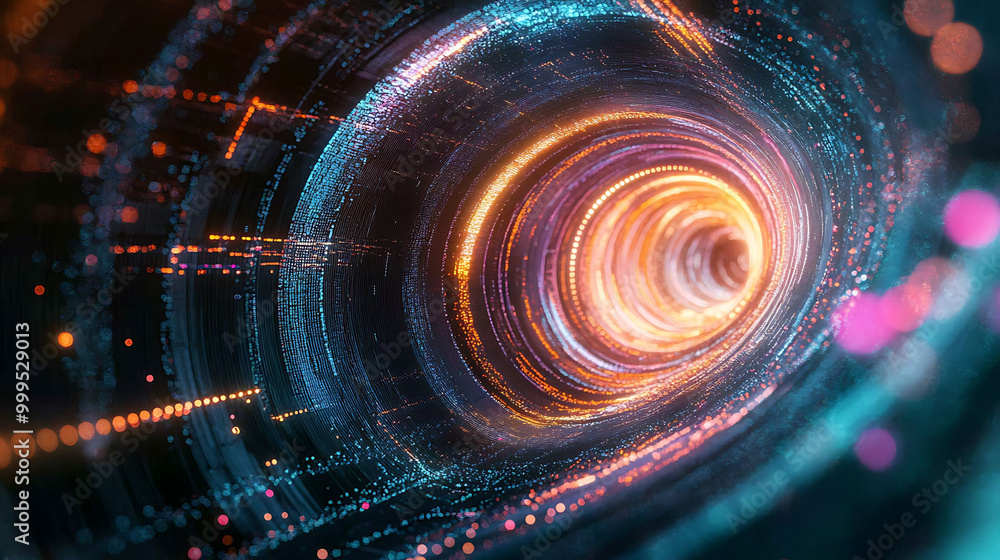 Poster abstract digital tunnel with glowing lights and particles.