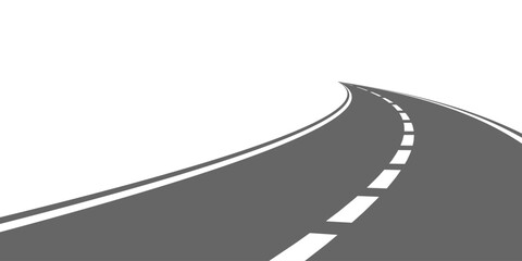 Winding road. Traveling along a curved highway. Background of the road to the horizon in perspective. Curvy asphalt empty line isolated vector concept. © Tetiana Komarytska