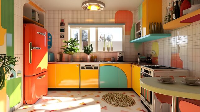 70s maximalism kitchen flat design, side view, bold retro theme, 3D render, Triadic Color Scheme 