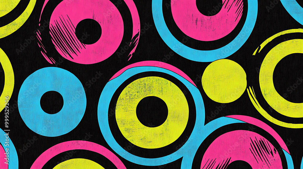 Poster abstract background pattern with colorful circles and grunge texture on black.