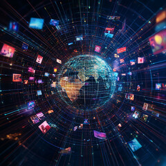 Obraz premium A glowing globe surrounded by digital images and lines, symbolizing global communication and the internet.