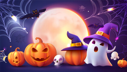 Spooky Halloween night with pumpkins, bats, and a full moon, in a dark, autumn setting