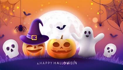 Spooky Halloween night with pumpkins, bats, and a full moon, in a dark, autumn setting