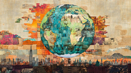 Obraz premium A collage of a globe surrounded by vintage paper with a city skyline on the bottom.