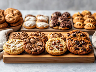 Delicious assortment of freshly baked cookies on a wooden platter.