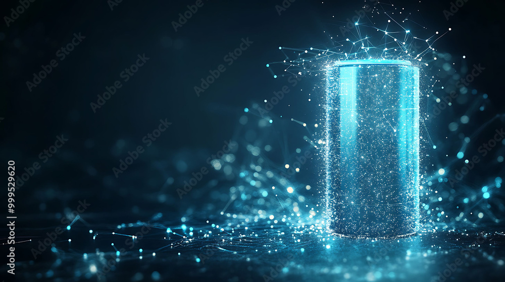 Poster a digital rendering of a smart speaker with a glowing blue light, surrounded by lines of code.