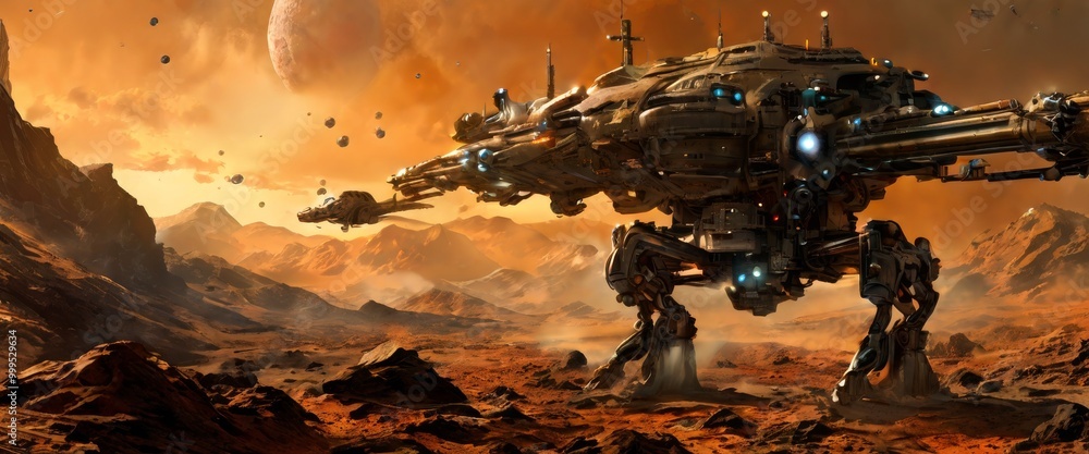 Poster a colossal robotic machine stands on an alien planet with a burning orange sky and rocky terrain. th