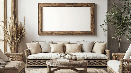 Bohemian Living Room Interior Design with Rattan Sofa  Wooden Frame  and Plants