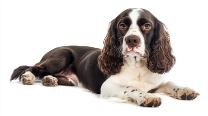 Young spaniel dog on a white background