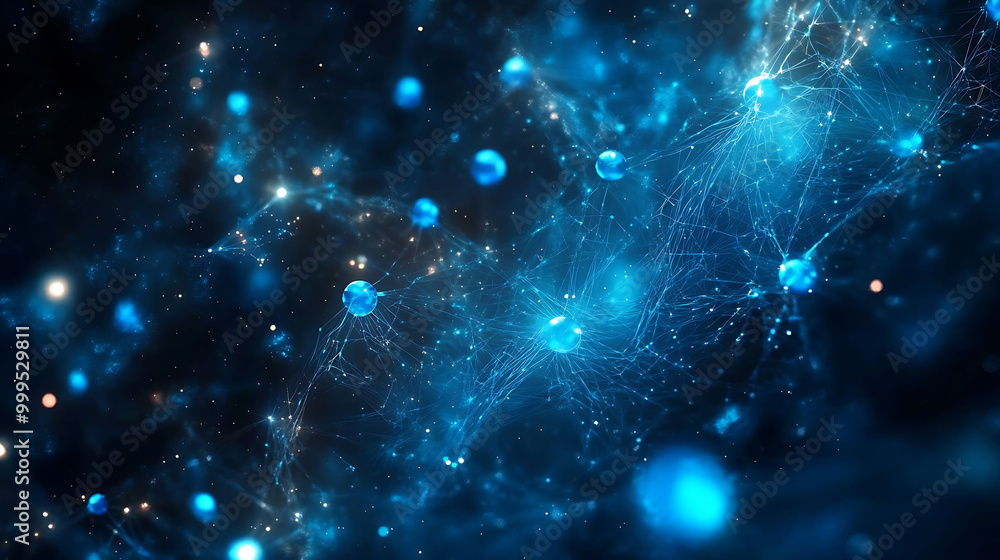 Poster abstract blue background with glowing particles and lines, representing a network or connection.