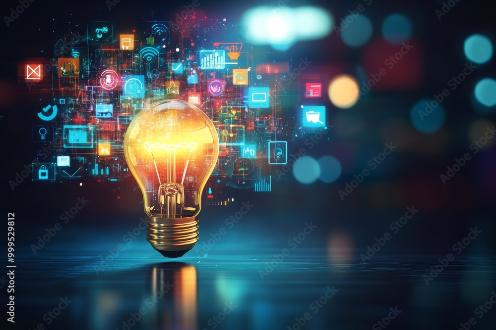 Poster digital innovation and technology concept: illuminated light bulb with abstract icons