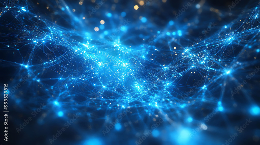 Poster abstract blue glowing network with connected nodes on a dark background.