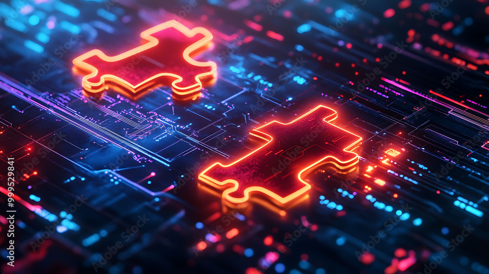 Poster two glowing red puzzle pieces on a circuit board, representing connection and collaboration in techn