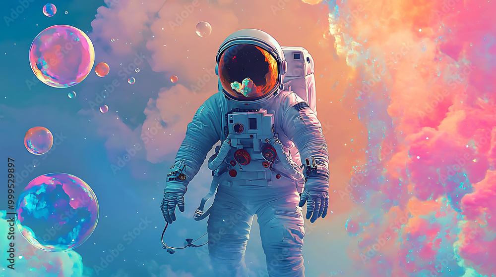 Poster an astronaut stands in a field of iridescent bubbles and clouds.