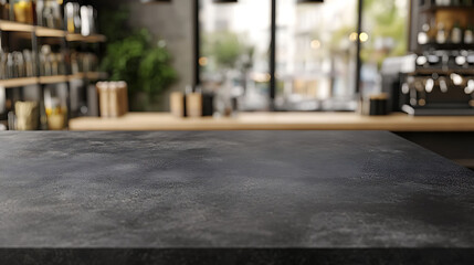 Obraz premium A dark countertop with a blurry cafe background.