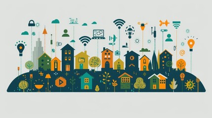 Abstract illustration of a smart city with buildings, trees and icons representing technology and sustainability.