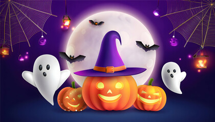 Spooky Halloween night with pumpkins, bats, and a full moon, in a dark, autumn setting