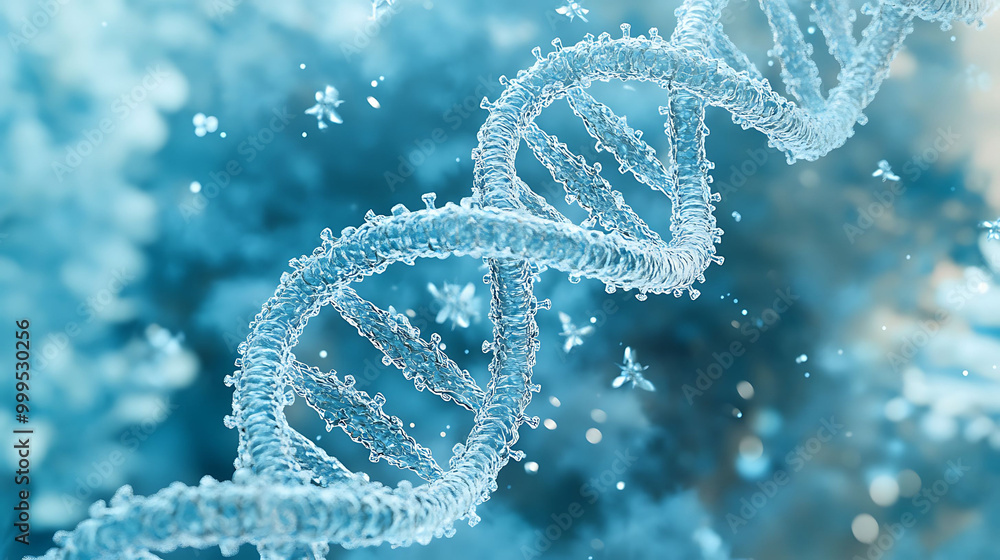 Poster a 3d rendering of a dna double helix molecule against a blue background with white particles.
