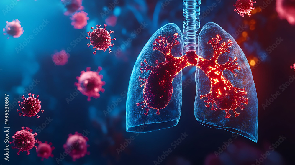 Poster a 3d illustration of a human lung infected with a virus. the lung is depicted as a translucent organ