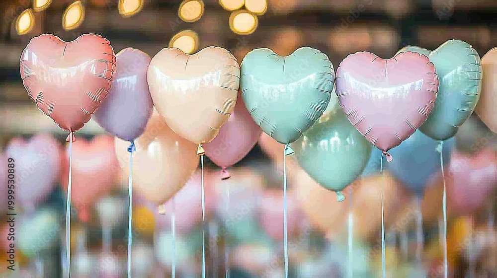 Poster a string of heart-shaped balloons adorned the front of a crowd of similar balloons