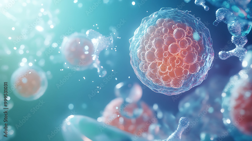 Poster a close-up view of a cell, showing its nucleus and other organelles. the cell is surrounded by other