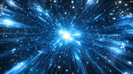 Naklejka premium Abstract blue background with glowing light rays and stars.