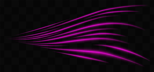 Curved purple neon light effect isolated on dark background. Flowing, wavy glowing lines with abstract design. Graphical patch of reflected light. Lens flare. Vector illustration.