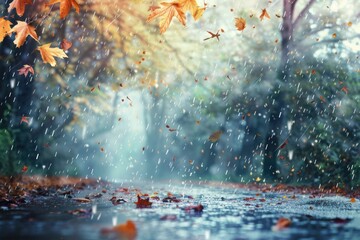 Autumn rainy day with orange leaves, wet streets, misty paths, and soft drizzle.
