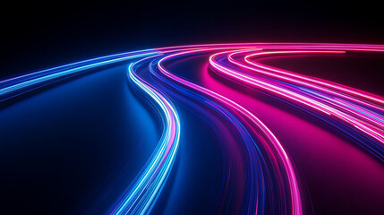 Abstract neon light trails in blue and pink colors on a dark background.