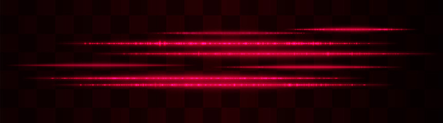 Horizontal red light effect isolated on transparent background. Graphical patch of reflected light. Neon stripes. Bright glowing lines. Lens flare. Abstract rays. Vector illustration