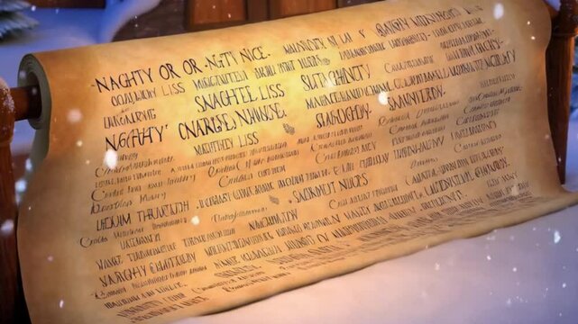 Santa&rsquo;s Naughty or Nice Scroll Unrolling A long scroll of Santa&rsquo;s &lsquo;Naughty or Nice&rsquo; list rolling across a room, filled with names.