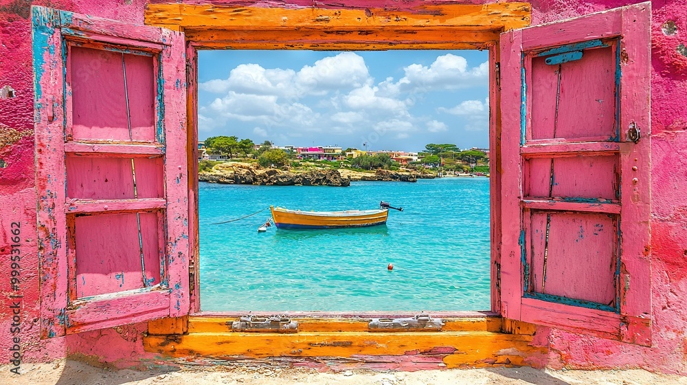 Poster a boat floating in water as viewed from an open window